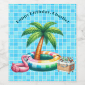 Palmbomen Pool Party Flamingo Verjaardagsfeest Wijn Etiket (Enkel label)
