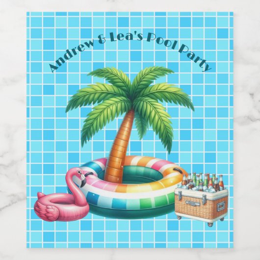 Palmbomen Pool Party Flamingo Wijn Etiket (Enkel label)