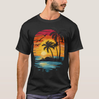 Palmbomen Retro Zonsondergang Zomer Strand Vintage T-shirt