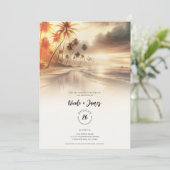 Palmbomen & Sinaasappel Sunset Beach Bruiloft Kaart (Staand voorkant)