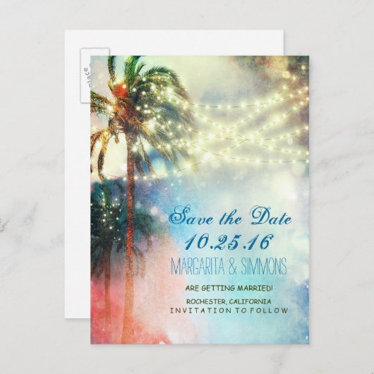palmbomen stralen stranden redden datum aankondigingskaart (Voorkant / Achterkant)