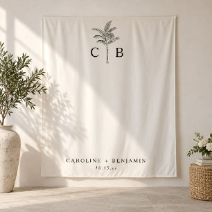 Palmbomen Strand Bruiloft Monogram Foto Achtergron Wandkleed