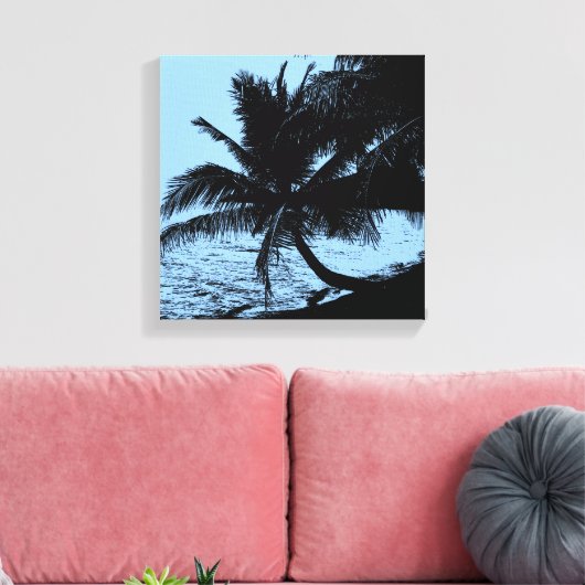 Palmbomen, strand en zee - Blauw Canvas Afdruk (Insitu (Woonkamer))