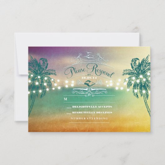 Palmbomen string lichten strand bruiloft RSVP kaar Kaartje (Voorkant)