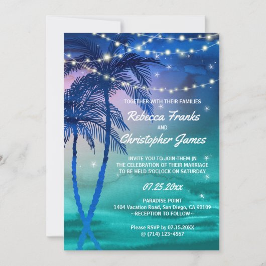 Palmbomen Strings of Lights Bruiloftsuitnodigingen Kaart (Voorkant)