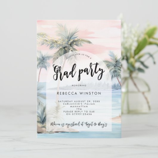 Palmbomen Sunset Graduation Party Uitnodiging (Staand voorkant)