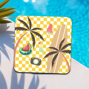 Palmbomen Surfboard Geruit Zomer Bier Onderzetter