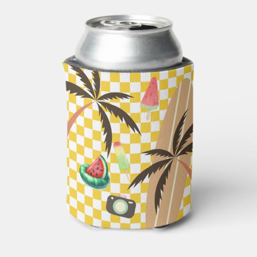 Palmbomen Surfboard Geruit Zomer Blikjeskoeler (Blikje Achterkant)