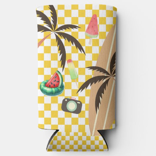 Palmbomen Surfboard Geruit Zomer Seltzer Blikjeskoeler (Voorkant)