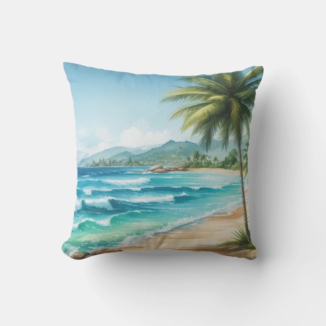 Palmbomen Tropisch strand Ocean Waves Waterverven Kussen (Voorkant)