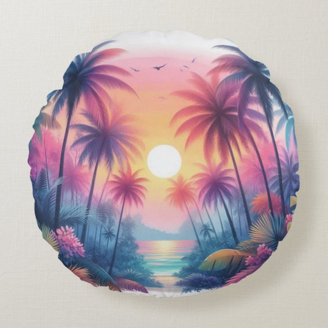 Palmbomen Tropisch Strand Roze Zonsondergang Rond Kussen (Voorkant)