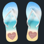 Palmbomen Tropisch Strand Trouwhart Bruidsmeisje Teenslippers<br><div class="desc">Gepersonaliseerde, trendy roos gouden hart strand bruiloft flip flop sandalen voor bruidsmeisjes en andere leden van de bruids partij achtergrond is een tropisch strand scène met een palmbomen tegen een blauwe lucht en vol zonlicht met aqua turquoise water en zandstrand. Faux folie, roos gouden hart ontwerp aan de onderkant, die...</div>