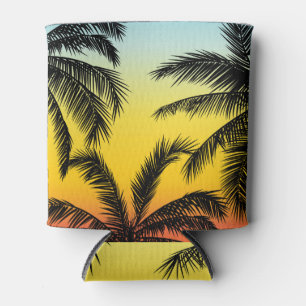 Palmbomen, tropische grunge zonnekaart. blikjeskoeler