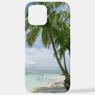 Palmbomen, uw foto, noem blauw script iPhone 12 pro max hoesje