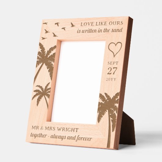 Palmbomen Vogels Hart Romantisch Strand Huwelijk Gegraveerde Lijstjes (Links)
