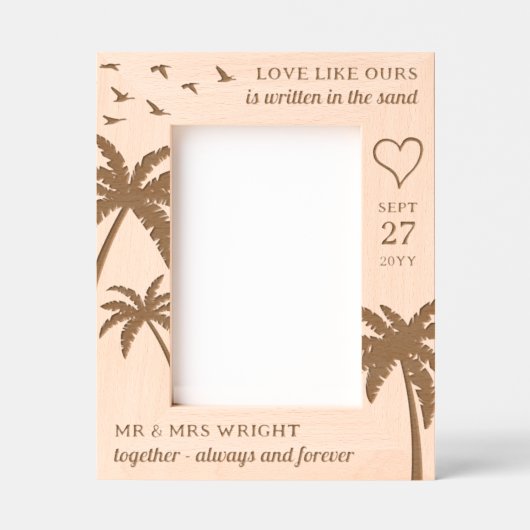 Palmbomen Vogels Hart Romantisch Strand Huwelijk Gegraveerde Lijstjes (Voorkant)