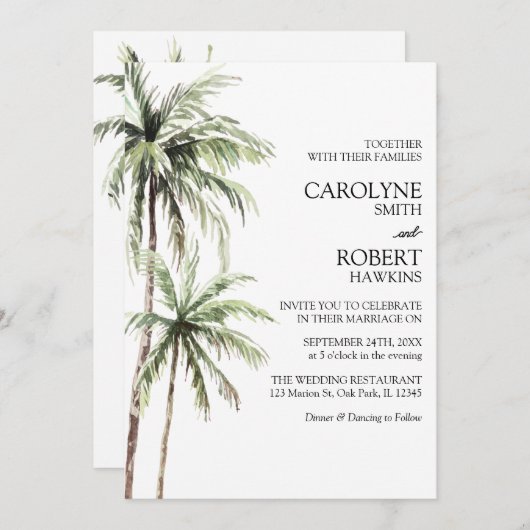 Palmbomen Waterverf tropisch in één bruiloft Kaart (Voorkant / Achterkant)