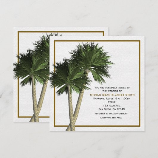 Palmbomen Wit & Goud Elegante Huwelijksuitnodiging Kaart (Voorkant / Achterkant)