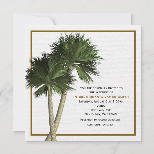 Palmbomen Wit & Goud Elegante Trouw Uitnodiging (Voorkant)