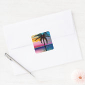Palmbomen, zeemeeuw en zonsondergang vierkante sticker (Envelop)