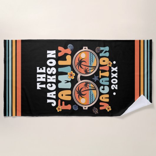 Palmbomen zonnebril retro familie vakantie groovy strandlaken (Voorkant)