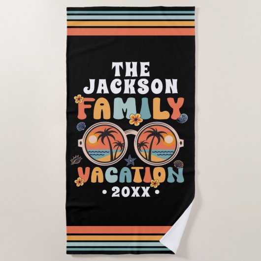 Palmbomen zonnebril retro familie vakantie groovy strandlaken (Voorkant)