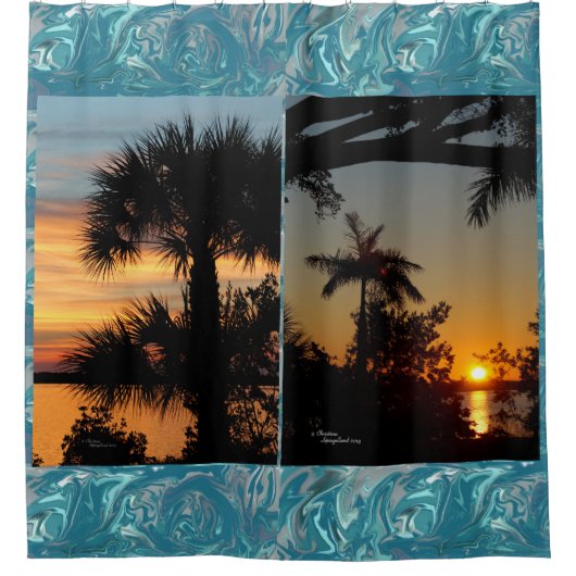 Palmbomen zonsondergangen Blauw douchegordijn (Voorkant)