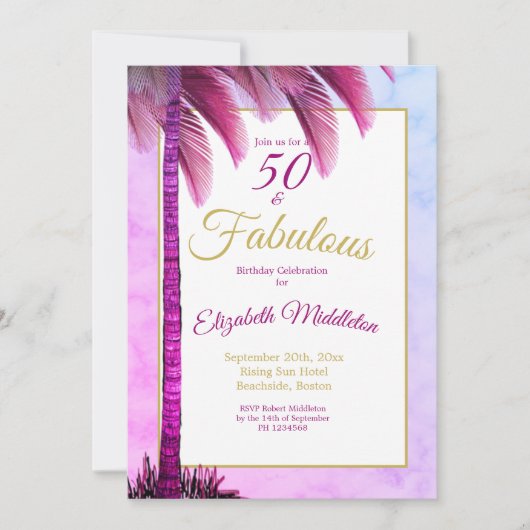 Palmboom 50 en Fabulous Paars Modern Birthday Kaart (Voorkant)