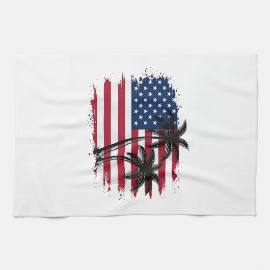 Palmboom Amerikaanse vlag Patriottische strand vec Theedoek (Horizontaal)