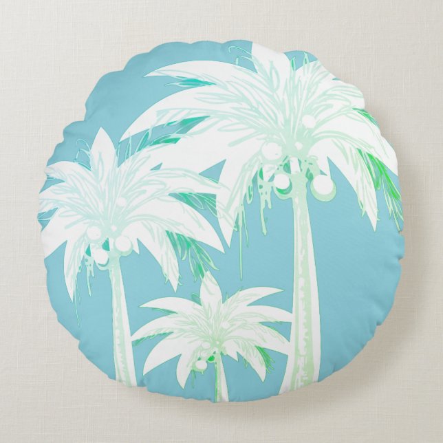 Palmboom Aqua Blue Zomer Groen Wit Tropisch Rond Kussen (Voorkant)