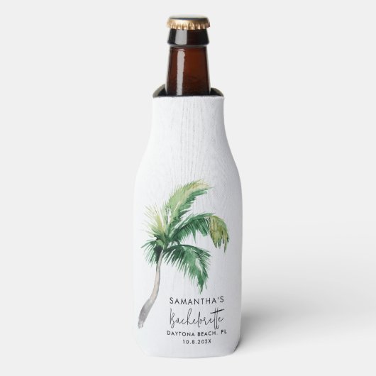 Palmboom Aquarel Persoonlijke Henparty Flesjeskoeler (Fles Voorkant)