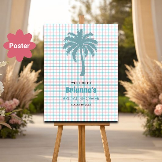 Palmboom Azure Roze Geruit Bruids Welkom Poster