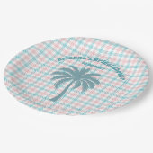 Palmboom Azure Roze Geruite Bruidsdouche Papieren Bordje (Gekanteld)