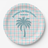 Palmboom Azure Roze Geruite Bruidsdouche Papieren Bordje (Voorkant)