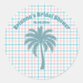 Palmboom Azure Roze Geruite Bruidsdouche Ronde Sticker (Voorkant)