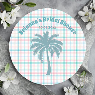 Palmboom Azure Roze Geruite Bruidsdouche Ronde Sticker
