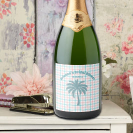 Palmboom Azure Roze Geruite Bruidsdouche Sparkling Wijnetiket
