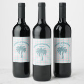 Palmboom Azure Roze Geruite Bruidsdouche Wijn Etiket (Flessen)
