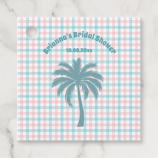 Palmboom Azure Roze Geruite Bruidsfeest Bedankjes Labels (Voorkant)