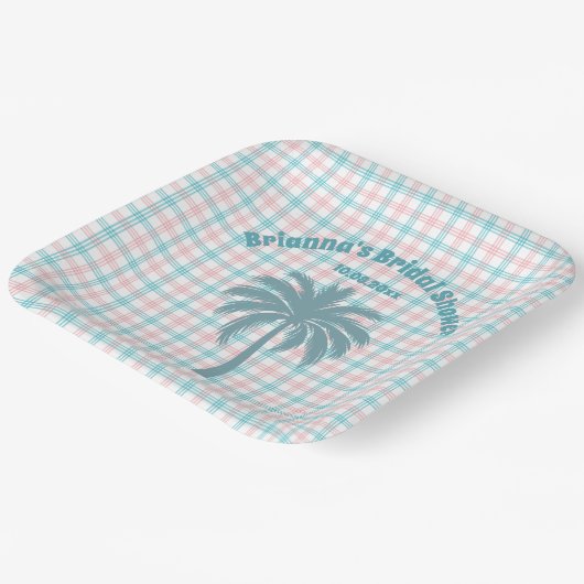Palmboom Azure Roze Geruite Bruidsmeisjesfeest Papieren Bordje (Gebogen)