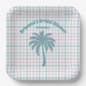 Palmboom Azure Roze Geruite Bruidsmeisjesfeest Papieren Bordje (Voorkant)