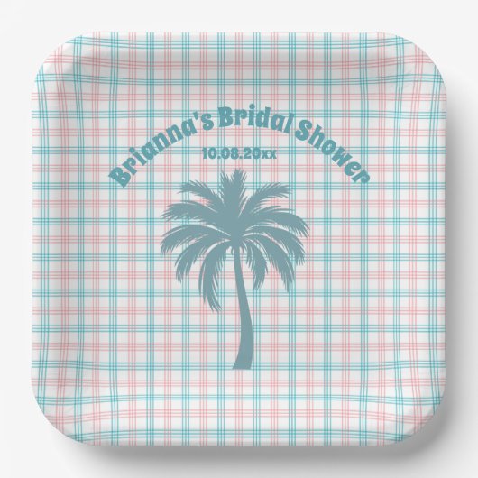 Palmboom Azure Roze Geruite Bruidsmeisjesfeest Papieren Bordje (Voorkant)