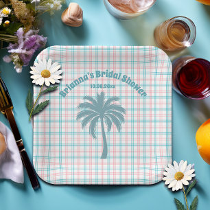 Palmboom Azuur Roze Geruite Bruiloftsborrel Papieren Bordje