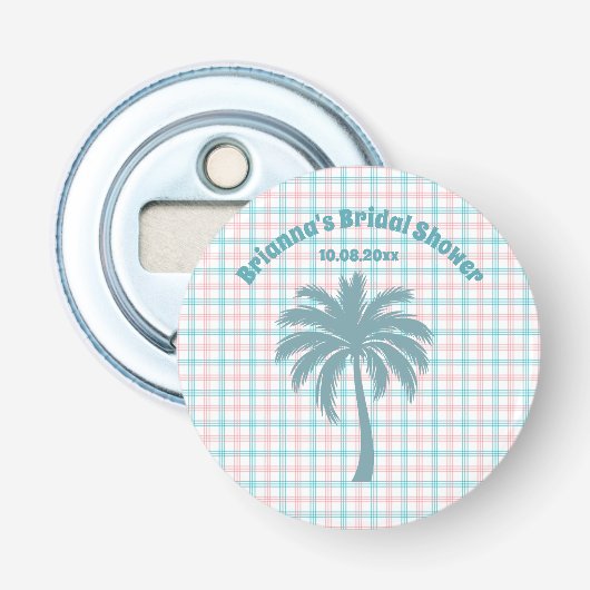 Palmboom Azuur Roze Geruite Bruiloftsfeest Button Flesopener (Voorkant)