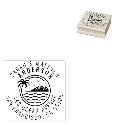 Palmboom, Berg & Oceaan Getrouwd Paar Adres Rubberstempel (Gestempeld)