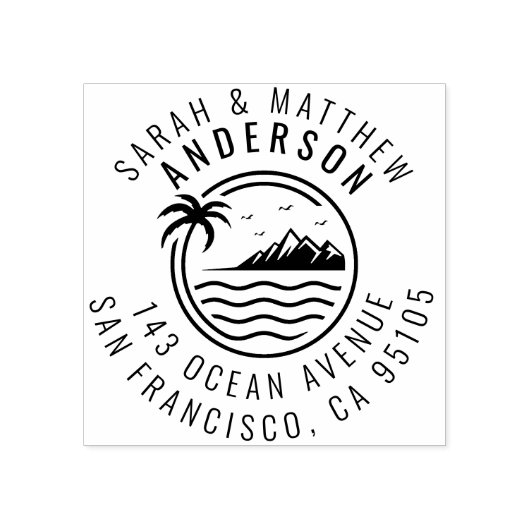 Palmboom, Berg & Oceaan Getrouwd Paar Adres Rubberstempel (Afrduk)