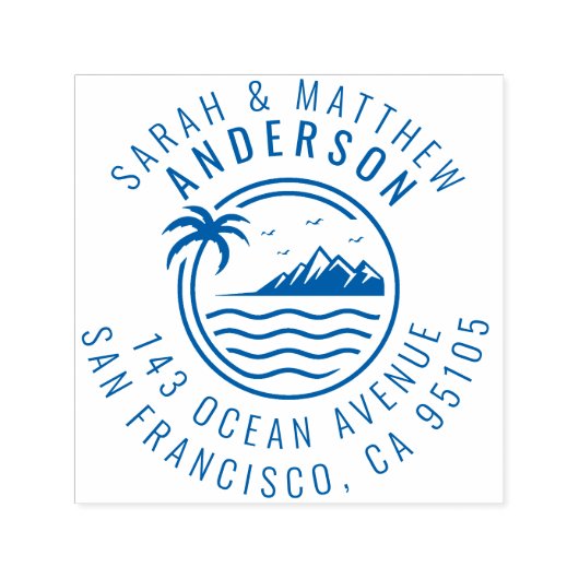 Palmboom, Berg & Oceaan Getrouwd Paar Adres Zelfinktende Stempel (Design)