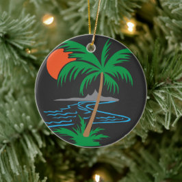 Palmboom bij de rivier | Tropische zonsondergangsk Keramisch Ornament