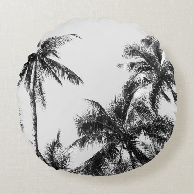Palmboom blad zwart wit rond kussen (Voorkant)