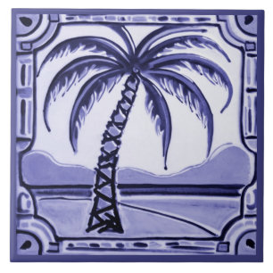 Palmboom blauw en wit strand huis decor tegeltje